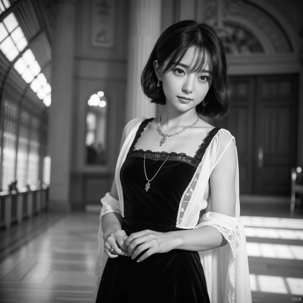 b&w portrait of a young woman, and Paris, Eiffel tower,
1910s, charming, spirited, playful face, very curly, short hair, fashion 1900,
beauty in vintage dress, black velvet dress, necklace, royal hall background,
fractal patterned dress, centered in frame,
photographer Frank S. Bangs, studio lighting, viral, 1DX Mark III,
Canon EF 85mm f/1.4 L IS USM Lense, shutter speed 1/125,
aperture f/11.0, ISO 100, 8k, HDR, cinematography, photorealistic,
epic composition, cinematic,
depth of field, hyper-detailed,
photoshoot, super-resolution, 1880_dr3ss, 1890_dr3ss, , 1900_dr3ss, 1905_dr3ss, 1910_dr3ss, Fortuny