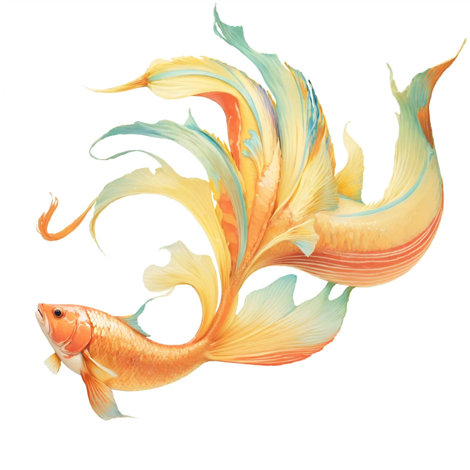 There is a fish,It is painted with colorful colors, Colorful fish, 一幅美丽的Art Illustration, Gorgeous and smooth, Require fish, Art Illustration, Require, Intricate flowing paint, Require colors, goldfish, Painted in bright watercolor, Full color illustrations, White coloring, Written in light colors on white, Beautiful digital illustrations, Color illustrations