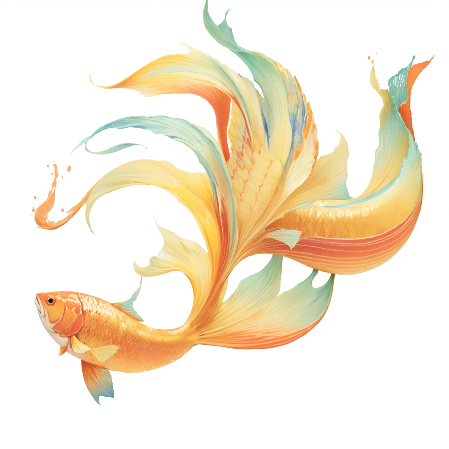 There is a fish,It is painted with colorful colors, Colorful fish, 一幅美丽的Art Illustration, Gorgeous and smooth, Require fish, Art Illustration, Require, Intricate flowing paint, Require colors, goldfish, Painted in bright watercolor, Full color illustrations, White coloring, Written in light colors on white, Beautiful digital illustrations, Color illustrations