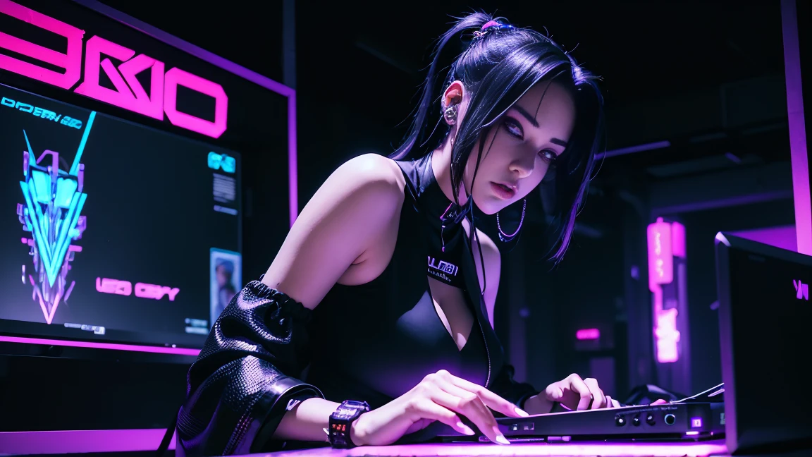 arafed woman in a black top and black shorts playing a DJ, cyber punk setting, cyberpunk vibe, cyberpunk vibes, in cyberpunk style, cyberpunk girl, dreamy cyberpunk girl, cyberpunk beautiful girl, cyberpunk with neon lighting, cyberpunk art style, cyberpunk photo, cyberpunk anime girl, beautiful cyberpunk woman model, female cyberpunk anime girl