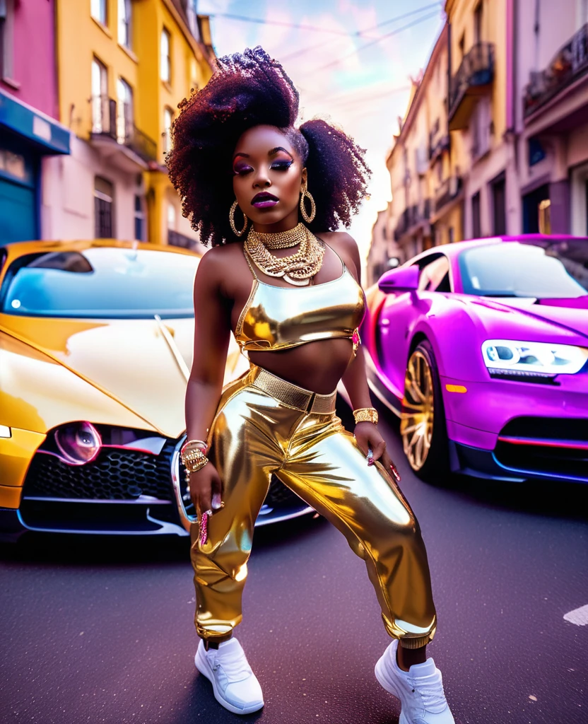 low angle shot through a fish eye lens of a black woman dressed in hiphop inspired clothes and sneakers, gold necklace and earrings, beautiful make up, standing in the middle of the street with a bugatti in the background drifting and creating smoke, beautiful and vibrant colours shining with iridescent light, music video inspired visuals.