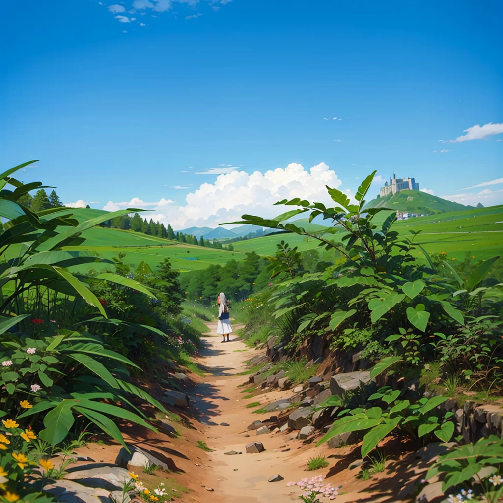 flatlands, mountain, (castle:1.1), grass, (flower field:1.3), 1girl,