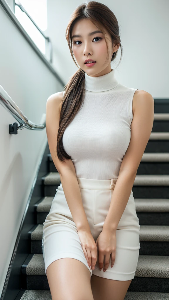 (detailed face),(crotch),normal breasts,pretty,sleeveless and turtle neck white clothes,stairs,4k ,super high resolution ,(photo-realistic: 1.7),white background,long hair,
