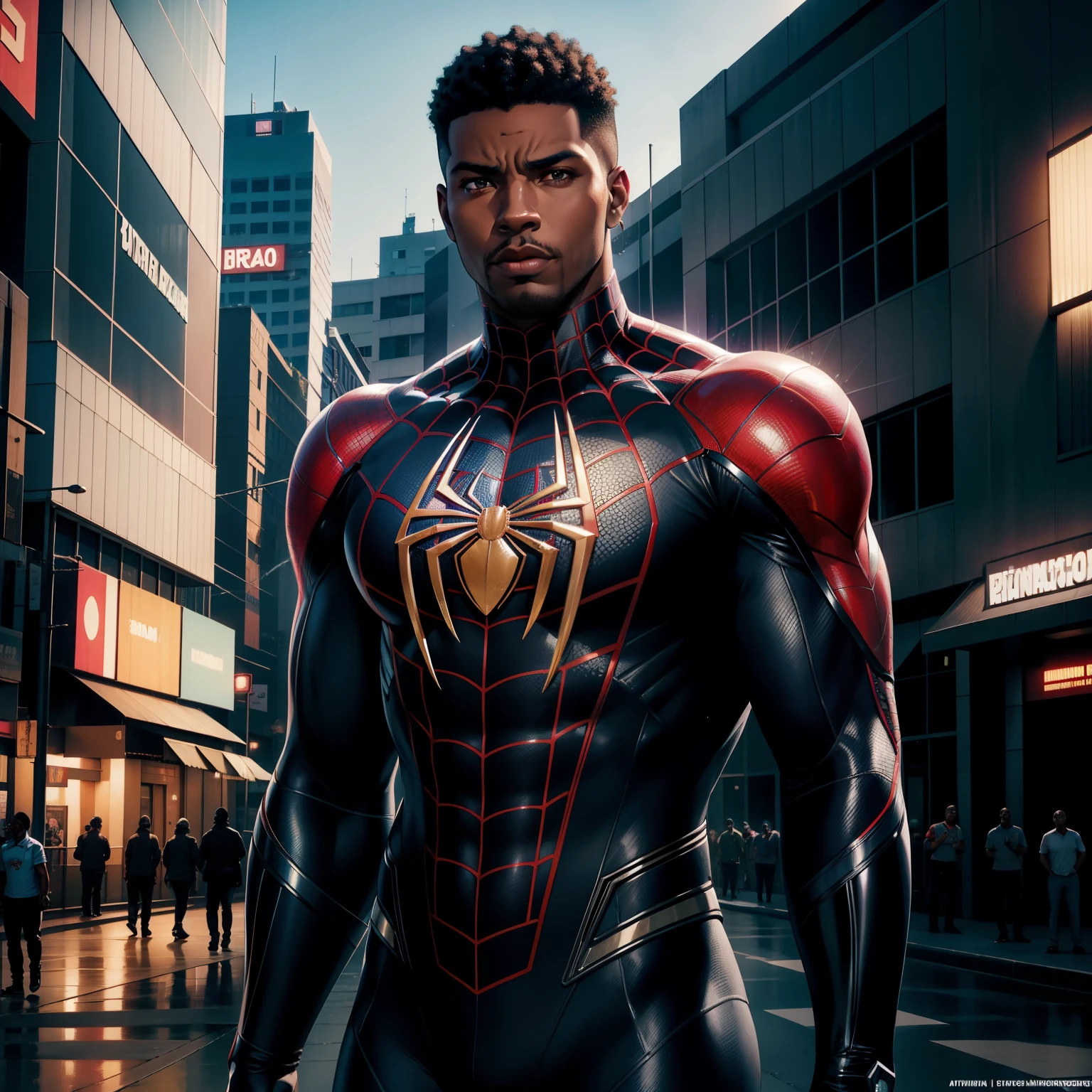 a close up of a black man in front of a building in brazil rio grande do sul african designed spider man costume , in a pampas biome city , Moody light, with iridescent light, 32k, ultra HD, cinematic lighting, highly realistic image, style artgerm