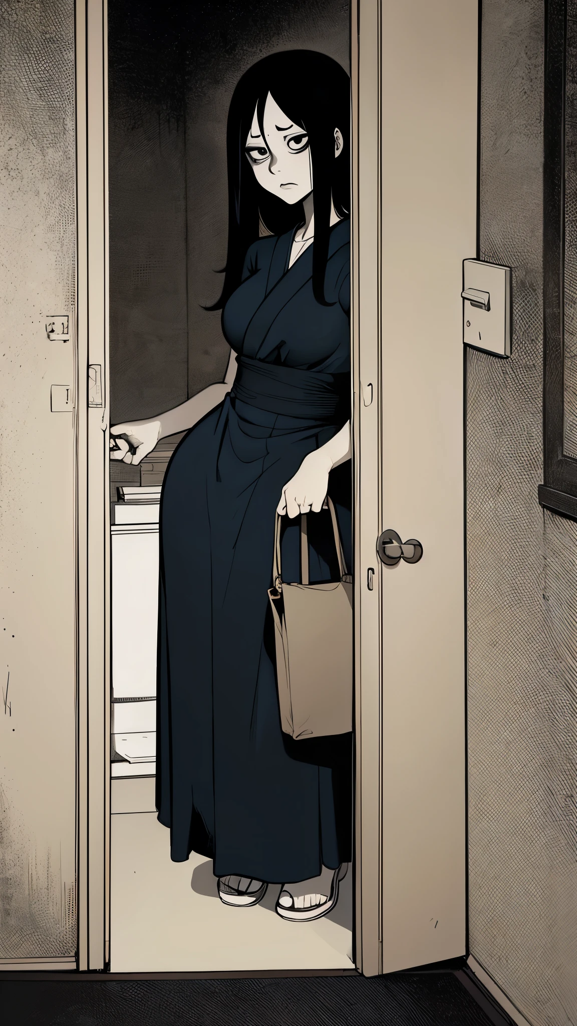 Sadako looking behind a door from a Dark ropm, half-closed door, you-on, curvy, horror, dark room, Dark, dark, fear, thriller, filter below