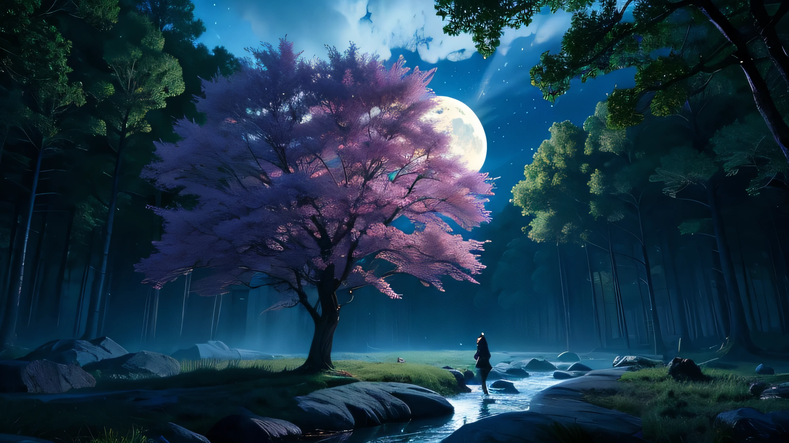 Surreal, otherworldly, ultra-sky scene illustration featuring a giant crystal tree full body, highly detailed and magical lighting, beautiful moonlit night, intricate forest details, surrounding vegetation and river, solarpunk, landscape, huge tree, beautiful leaves with beautiful lighting and realistic proportions, like a movie background, 8k, best quality, masterpiece, sky with clouds and stars.Big moon in the background, cinematic moonlit night.A mysterious stream flows through the forest.