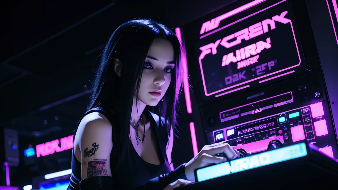 arafed woman in a black top and black shorts playing a DJ, cyber punk setting, cyberpunk vibe, cyberpunk vibes, in cyberpunk style, cyberpunk beautiful girl, cyberpunk with neon lighting, cyberpunk art style, cyberpunk photo, cyberpunk anime girl, beautiful cyberpunk woman model, female cyberpunk anime girl