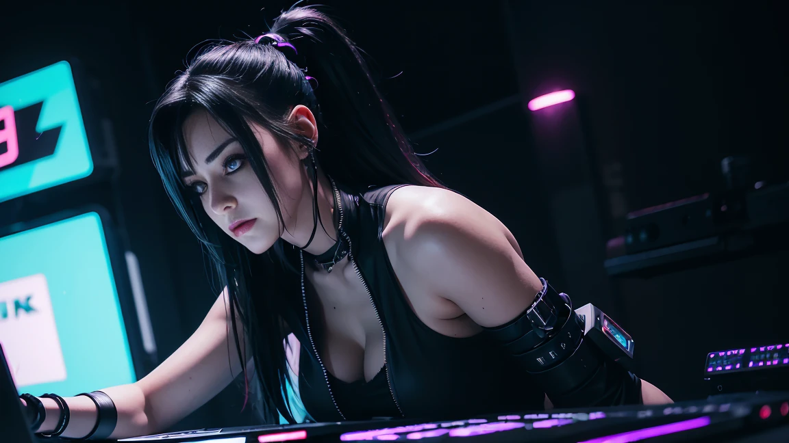 arafed woman in a black top and black shorts playing a DJ, cyber punk setting, cyberpunk vibe, cyberpunk vibes, in cyberpunk style, cyberpunk beautiful girl, cyberpunk with neon lighting, cyberpunk art style, cyberpunk photo, cyberpunk anime girl, beautiful cyberpunk woman model, female cyberpunk anime girl