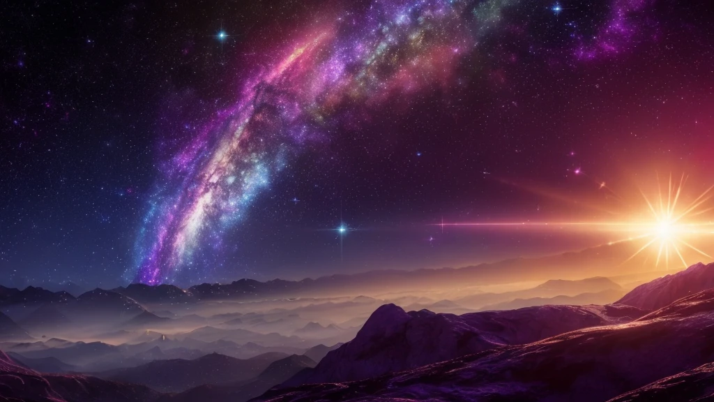 Cosmic nebula is Yggdrasil, vivid colors, golden light, mysterious and beautiful universe with flying pixie dust and burning particles and starlight (4k) realistic, (large depth of field effect), (focus on subject), highlighting foreground elements, clear focus, CryEngine, realistic lighting, spiritual lighting, volumetric lighting, god rays, highly detailed