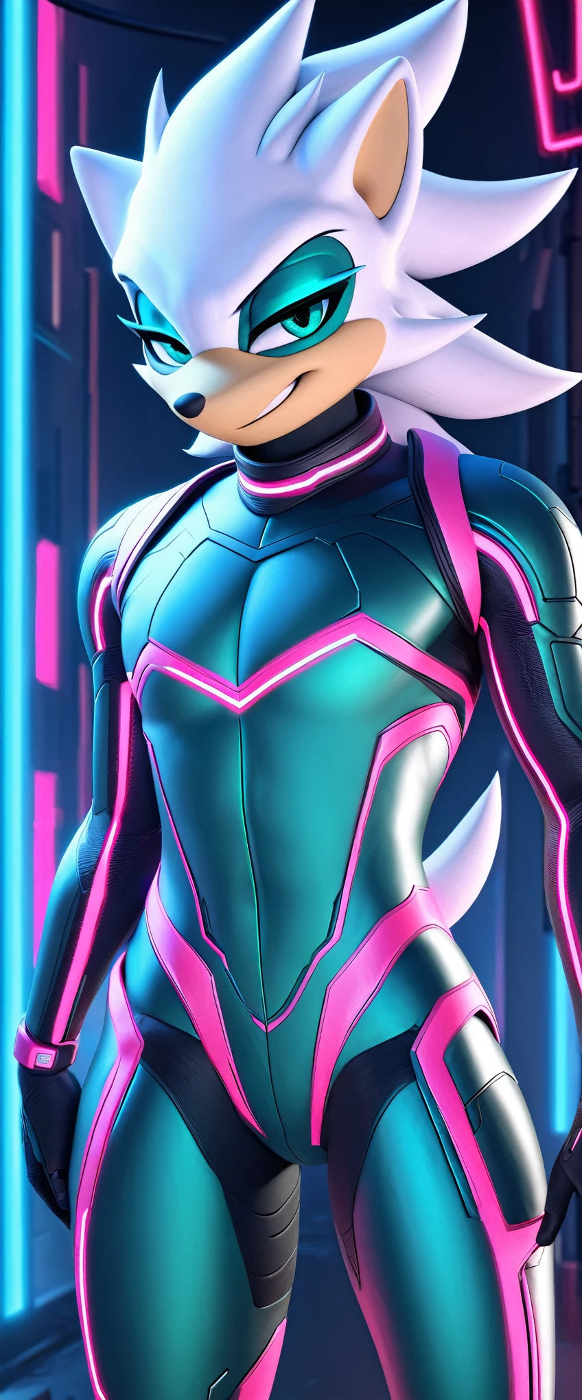 (((masterpiece:1.5, 4K, 8K))), a (((full body))) high quality digitally drawn rendered image ((by SEGA)) of A solo male anthro ((silver—white hedgehog)), with glowing blue eyes, ((metallic blue eyeliner:1.5)), (((tan muzzle))), wearing a (((sci-fi bodysuit))) stands in a neon-lit cyberpunk city The android's bodysuit is adorned with (((bright teal coloring:1.5))) with (((neon pink accents:1.4))), and intricate android seams, creating a futuristic look. the android has a seductive smirk on his face