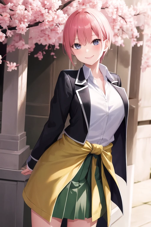 Masterpiece, best quality, high resolution, fine, short hair, white shirt, collared shirt, black jacket, casual jacket, open jacket, long sleeves, clothing around the waist, green skirt, pleated skirt, leaning forward, arms behind the back, smile, standing, outdoors, cherry blossoms