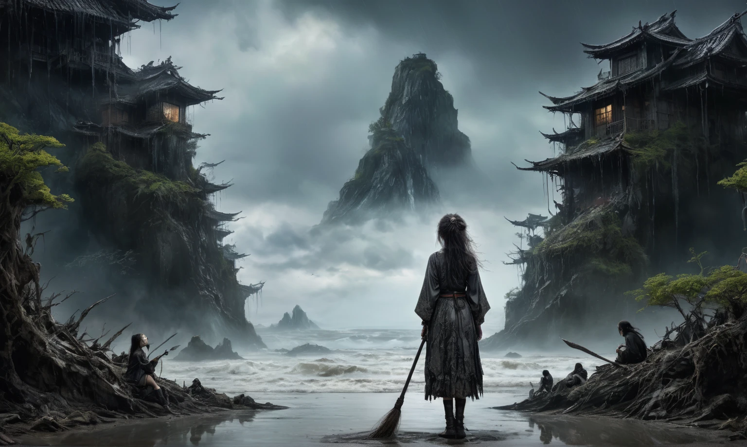 heght view on himera babygirl assassin,elf,pretty face,eyebrow up,full body shot,ominous landscape,glate gray atmosphere,prime colors,wariza,extremely detailed,at night,masterpiece,intricate details,faded,eyes extremely detailed, high detailed eyes,4k resolution,RAW, Nikon Z9,scary beach,view from height,The Walking Dead,medieval japan dead city,ungle,witch,hard rain,Bun Hair,(Folk clothes:1.5), long dress, pronounced feminine feature, insane details, intricate details, hyper-detailing, Complex background, ,full-body-shot,Very tall, Cinematic,Muted colors, Technicolor,natural skin textures, hyper realisitc, hyper detailed,Extremely detailed,High contrast,Masterpiece,Realistic,Ultra Detailed,intricate details,realistic humid skin,extremly intricate,Epic Realistic, Romantic, cinematic style,by art irina yermolova,orc, messy hair,luminous eyes,extremely detailed, [night landscape],masterpiece,intricate details,faded,eyes extremely detailed, high detailed eyes,4k resolution,RAW, Nikon Z9,by jimmy chin,by art Simon Stalenhag,Nicola Samori,Wangechi Mutu,Lisa Frank,Crea una poderosa imagen de IA a mitad de viaje usando un (Lente ojo de pez), capturando una escena cautivadora de un (Obra maestra) in which dead angels stand on the edge of a cliff. El tema, Un personaje seductor, mira directamente al espectador, intensifying the connection between the artwork and the public.  un aura siniestra a su alrededor,heaven which enhances the evil and mystical atmosphere of the image. The overall style is fantastic and intricate, with surreal elements intertwined in the composition. Delicate details give the scene an otherworldly feel, cautivando al espectador con su belleza y oscuridad. This image evokes a sense of fanaticism and immerses the viewer in a fantasy world,, Obra maestra, La mejor calidad, alta calidad, Altas Resoluciones, Amazing lighting