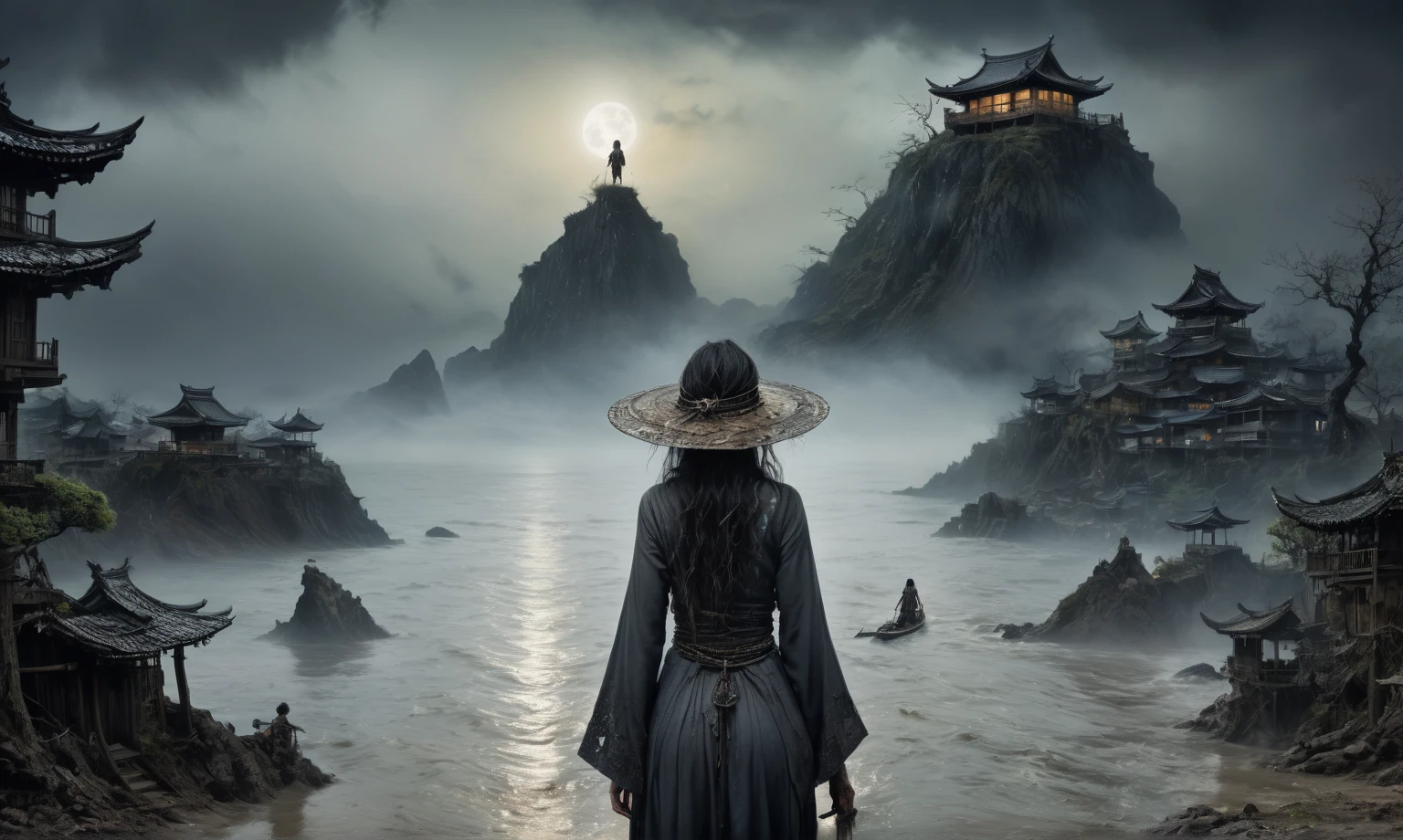 heght view on himera girl assassin,elf,pretty face,eyebrow up,full body shot,ominous landscape,glate gray atmosphere,prime colors,wariza,extremely detailed,at night,masterpiece,intricate details,faded,eyes extremely detailed, high detailed eyes,4k resolution,RAW, Nikon Z9,scary beach,view from height,The Walking Dead,medieval japan dead city,ungle,witch,hard rain,Bun Hair,(Folk clothes:1.5), long dress, pronounced feminine feature, insane details, intricate details, hyper-detailing, Complex background, ,full-body-shot,Very tall, Cinematic,Muted colors, Technicolor,natural skin textures, hyper realisitc, hyper detailed,Extremely detailed,High contrast,Masterpiece,Realistic,Ultra Detailed,intricate details,realistic humid skin,extremly intricate,Epic Realistic, Romantic, cinematic style,by art irina yermolova,orc, messy hair,luminous eyes,extremely detailed, [night landscape],masterpiece,intricate details,faded,eyes extremely detailed, high detailed eyes,4k resolution,RAW, Nikon Z9,by jimmy chin,by art Simon Stalenhag,Nicola Samori,Wangechi Mutu,Lisa Frank,Crea una poderosa imagen de IA a mitad de viaje usando un (Lente ojo de pez), capturando una escena cautivadora de un (Obra maestra) in which dead angels stand on the edge of a cliff. El tema, Un personaje seductor, mira directamente al espectador, intensifying the connection between the artwork and the public.  un aura siniestra a su alrededor,heaven which enhances the evil and mystical atmosphere of the image. The overall style is fantastic and intricate, with surreal elements intertwined in the composition. Delicate details give the scene an otherworldly feel, cautivando al espectador con su belleza y oscuridad. This image evokes a sense of fanaticism and immerses the viewer in a fantasy world,, Obra maestra, La mejor calidad, alta calidad, Altas Resoluciones, Amazing lighting