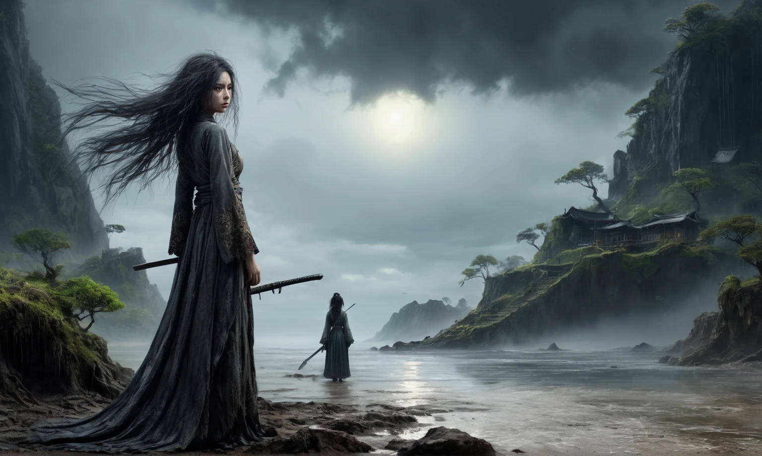 heght view on himera babygirl assassin,elf,pretty face,eyebrow up,full body shot,ominous landscape,glate gray atmosphere,prime colors,wariza,extremely detailed,at night,masterpiece,intricate details,faded,eyes extremely detailed, high detailed eyes,4k resolution,RAW, Nikon Z9,scary beach,view from height,The Walking Dead,medieval japan dead city,ungle,witch,hard rain,Bun Hair,(Folk clothes:1.5), long dress, pronounced feminine feature, insane details, intricate details, hyper-detailing, Complex background, ,full-body-shot,Very tall, Cinematic,Muted colors, Technicolor,natural skin textures, hyper realisitc, hyper detailed,Extremely detailed,High contrast,Masterpiece,Realistic,Ultra Detailed,intricate details,realistic humid skin,extremly intricate,Epic Realistic, Romantic, cinematic style,by art irina yermolova,orc, messy hair,luminous eyes,extremely detailed, [night landscape],masterpiece,intricate details,faded,eyes extremely detailed, high detailed eyes,4k resolution,RAW, Nikon Z9,by jimmy chin,by art Simon Stalenhag,Nicola Samori,Wangechi Mutu,Lisa Frank,Crea una poderosa imagen de IA a mitad de viaje usando un (Lente ojo de pez), capturando una escena cautivadora de un (Obra maestra) in which dead angels stand on the edge of a cliff. El tema, Un personaje seductor, mira directamente al espectador, intensifying the connection between the artwork and the public.  un aura siniestra a su alrededor,heaven which enhances the evil and mystical atmosphere of the image. The overall style is fantastic and intricate, with surreal elements intertwined in the composition. Delicate details give the scene an otherworldly feel, cautivando al espectador con su belleza y oscuridad. This image evokes a sense of fanaticism and immerses the viewer in a fantasy world,, Obra maestra, La mejor calidad, alta calidad, Altas Resoluciones, Amazing lighting