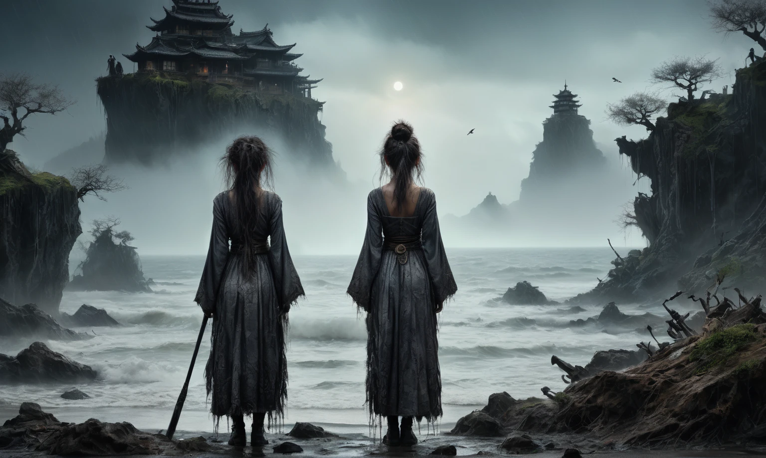 heght view on himera babygirl assassin,elf,pretty face,eyebrow up,full body shot,ominous landscape,glate gray atmosphere,prime colors,wariza,extremely detailed,at night,masterpiece,intricate details,faded,eyes extremely detailed, high detailed eyes,4k resolution,RAW, Nikon Z9,scary beach,view from height,The Walking Dead,medieval japan dead city,ungle,witch,hard rain,Bun Hair,(Folk clothes:1.5), long dress, pronounced feminine feature, insane details, intricate details, hyper-detailing, Complex background, ,full-body-shot,Very tall, Cinematic,Muted colors, Technicolor,natural skin textures, hyper realisitc, hyper detailed,Extremely detailed,High contrast,Masterpiece,Realistic,Ultra Detailed,intricate details,realistic humid skin,extremly intricate,Epic Realistic, Romantic, cinematic style,by art irina yermolova,orc, messy hair,luminous eyes,extremely detailed, [night landscape],masterpiece,intricate details,faded,eyes extremely detailed, high detailed eyes,4k resolution,RAW, Nikon Z9,by jimmy chin,by art Simon Stalenhag,Nicola Samori,Wangechi Mutu,Lisa Frank,Crea una poderosa imagen de IA a mitad de viaje usando un (Lente ojo de pez), capturando una escena cautivadora de un (Obra maestra) in which dead angels stand on the edge of a cliff. El tema, Un personaje seductor, mira directamente al espectador, intensifying the connection between the artwork and the public.  un aura siniestra a su alrededor,heaven which enhances the evil and mystical atmosphere of the image. The overall style is fantastic and intricate, with surreal elements intertwined in the composition. Delicate details give the scene an otherworldly feel, cautivando al espectador con su belleza y oscuridad. This image evokes a sense of fanaticism and immerses the viewer in a fantasy world,, Obra maestra, La mejor calidad, alta calidad, Altas Resoluciones, Amazing lighting