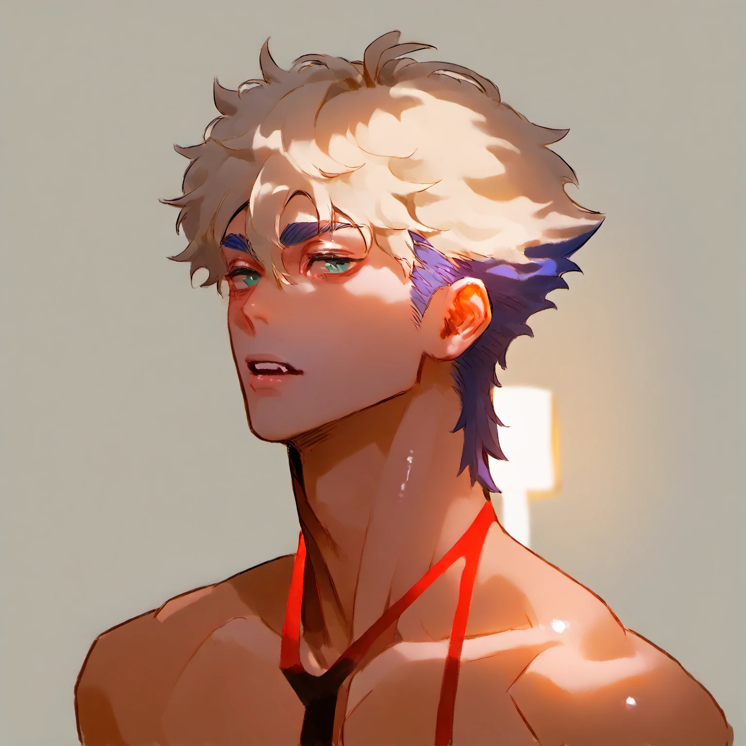 score_9, score_8_up, score_7_up, rating_explicit, source_anime, male, blue skin, humanoid, body, detail, hot male, red thong g-string, oiled body, Elven ears, messy hair