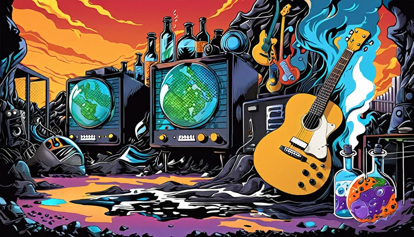 Masterpiece; Guitars and drums in a small science lab(((several science bottles around the room))); (guitars and musical keyboards inside science bottles) World map on the wall. sciencie complete with speakers and glass flasks of chemistry, embody the resilience and tenacity of the scientific community, infused with a bold graphic allure that enlivens the spirit of science. The design penetrates layers of depth, integrating the raw essence and vibrant cores of Rio de Janeiro culture. Brushstrokes that incorporate the fluid energy of graffiti on guitars and acoustic guitars weave around dynamic geometric shapes, adorning the laboratories with an evocative masterpiece that speaks to the heart of the intersection between two diverse worlds. Majestically rendered in high definition and vibrant color, every detail bursts with life, inviting viewers to marvel at the beauty that; by Monet