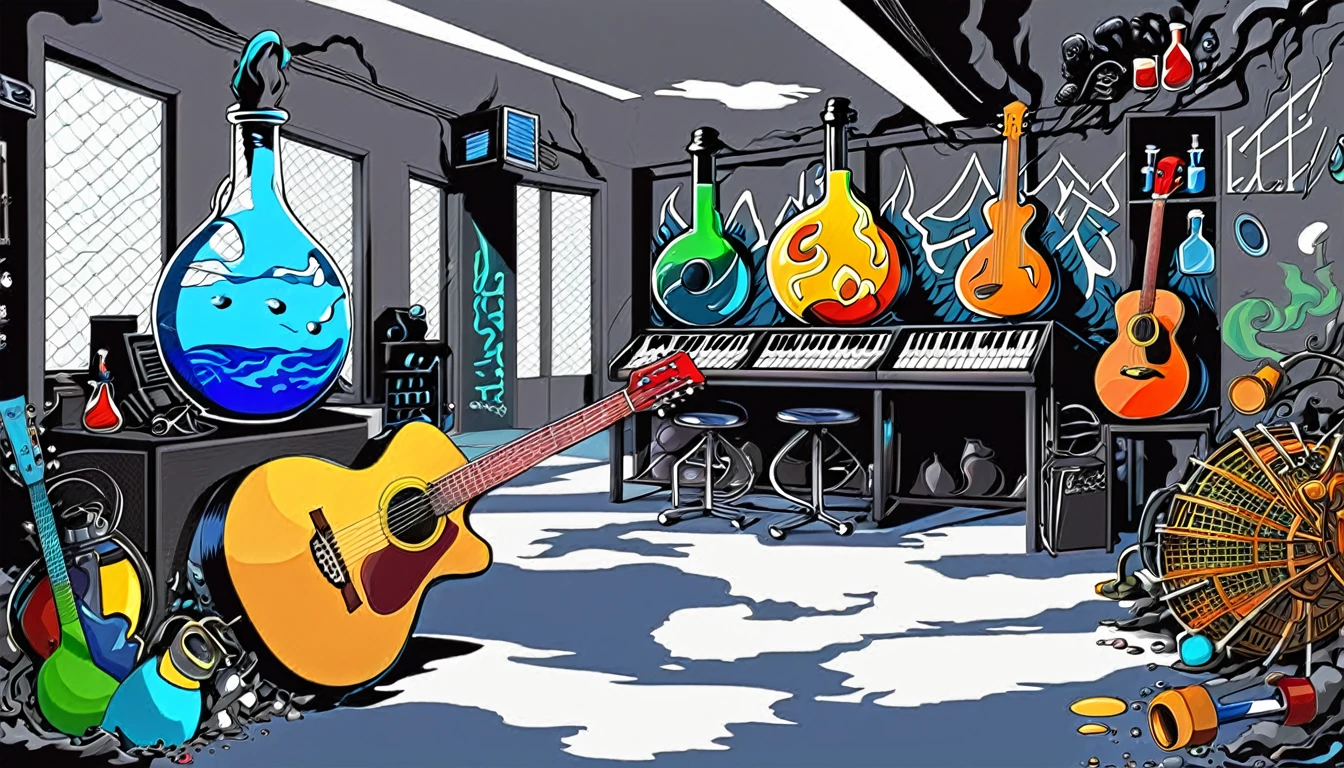 (guitars and musical keyboards inside science bottles)Masterpiece; Guitars and drums in a small science lab(((several science bottles around the room))); World map on the wall. sciencie complete with speakers and glass flasks of chemistry, embody the resilience and tenacity of the scientific community, infused with a bold graphic allure that enlivens the spirit of science. The design penetrates layers of depth, integrating the raw essence and vibrant cores of Rio de Janeiro culture. Brushstrokes that incorporate the fluid energy of graffiti on guitars and acoustic guitars weave around dynamic geometric shapes, adorning the laboratories with an evocative masterpiece that speaks to the heart of the intersection between two diverse worlds. Majestically rendered in high definition and vibrant color, every detail bursts with life, inviting viewers to marvel at the beauty that; by Monet