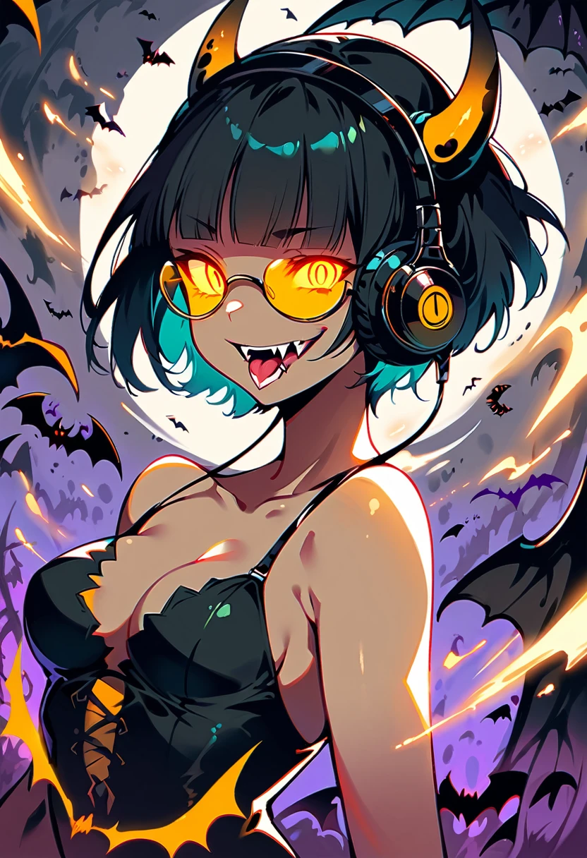 (very detailed fine touch:1.3), (2D:1.3), devil girl, (super very short hair:1.3), blunt bangs, (yellow glasses:1.3), underrim, headphones, devil wing, Tsurime Eyes, (glowing eyes:1.4), evil smile, (fangs:1.2),  out, mini dress, , clavicle, , bat, hell