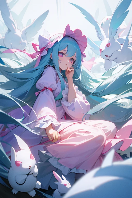 Long white hair straight。Young Girl。Lady。Droopy eyes and ephemeral appearance、Ice blue and pink odd eyes。A princess with the ability to control snow。spirit。sacred、beautiful、cute。Pitiful。 ta Dresses。She loves rabbits。