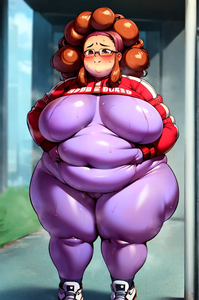 Anime Women, Lady、Forehead、Afro、Curly hair、Glasses、Brown eyes、Are fat、Chubby、Voluptuous、obesity、Double chin、Cheek、Fat-covered neck、Big Breasts、Saggy breasts、Thick upper arms、Fat Belly、tall、Dark purple unitard、Bodysuit、sneakers、Gloss、Sweat、Embarrassed、bustling street