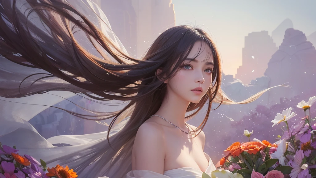 32k, Masterpiece, Highest quality, One girl, Detailed eyes, flower,Alstroemeria, White and orange style,A dreamy, romantic piece,Pale purple, Mysterious Leaves,A playful arrangement,Fantasy,High Contrast,Ink strokes,explosion,Exposure, Impression of white and orange tones,Abstract,((Watercolours by John Berkey and Jeremy Mann )) Brush strokes,Negative Space, Tyndall effect,