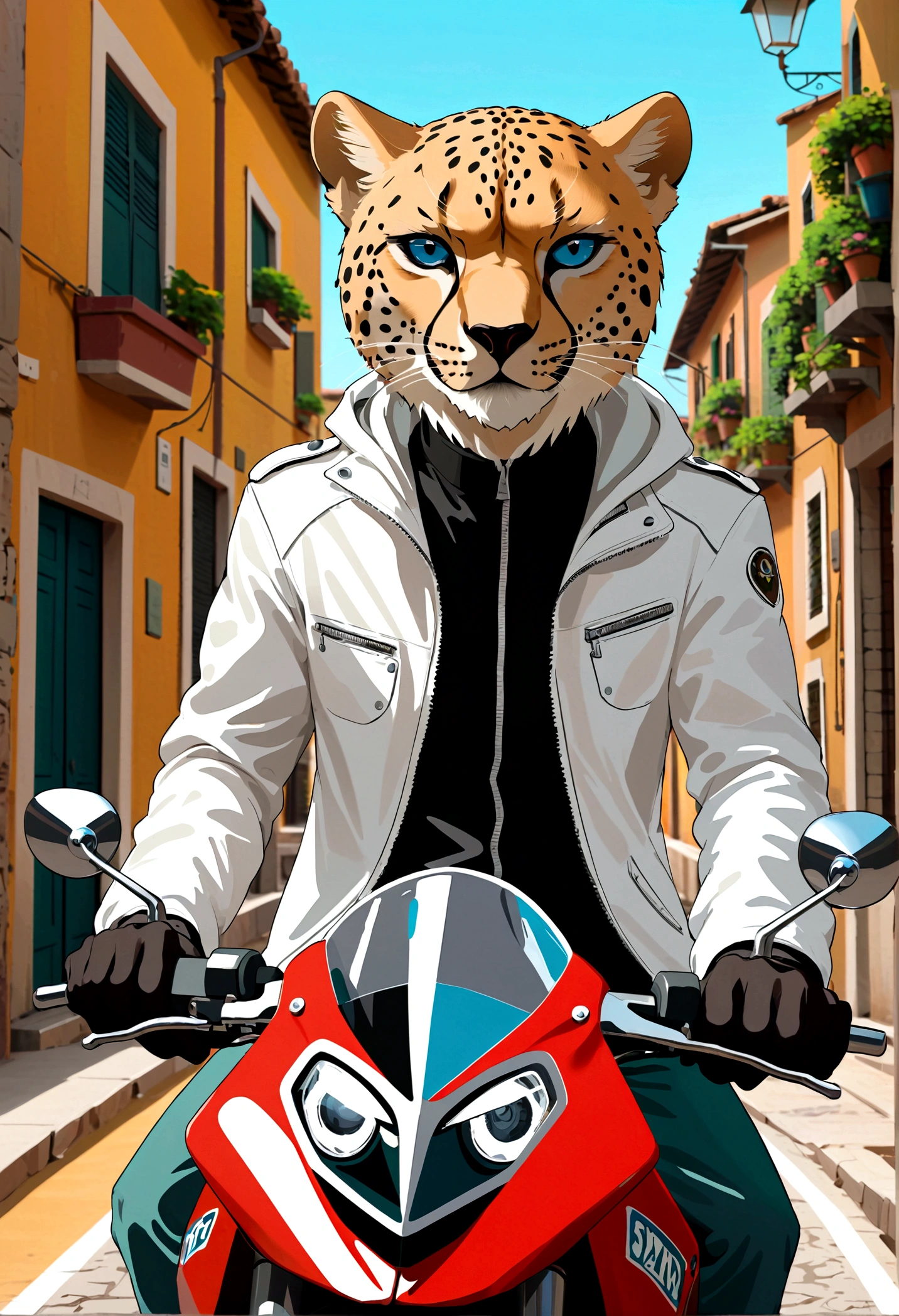 A cheetah man in a white jacket, Riding a motorcycle, Italian town, 4D anime style, Blue eyes tall anime face, !