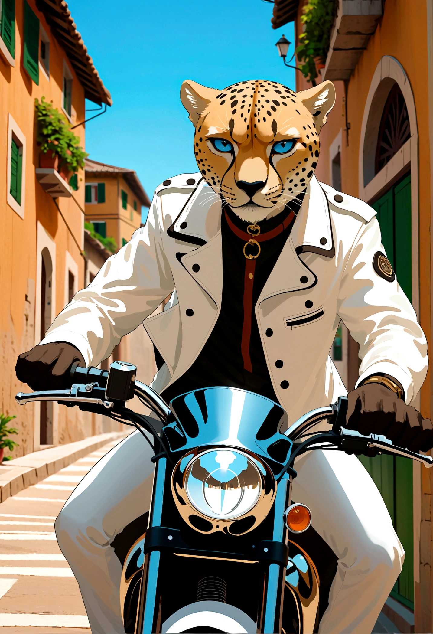 A cheetah man in a white jacket, Riding a motorcycle, Italian town, 4D anime style, Blue eyes tall anime face, !