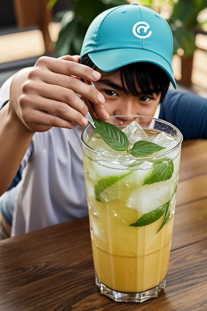 Generate a realistic picture where aguy is trying the newest pokemon yobick drink.
