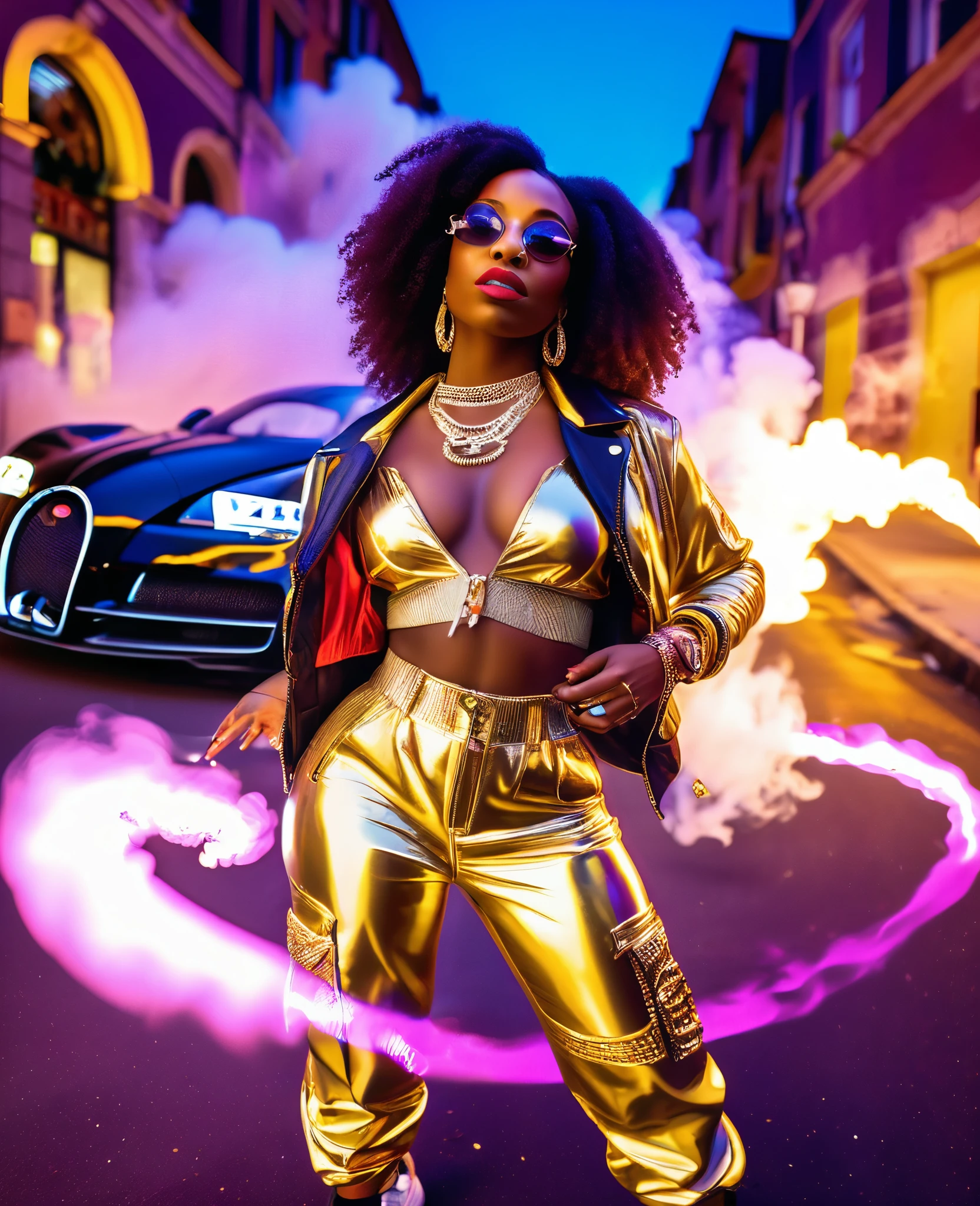 low angle shot through a fish eye lens of a black woman dressed in hiphop inspired clothes and sneakers, gold necklace and earrings, beautiful make up, standing in the middle of the street with a bugatti in the background drifting and creating smoke, beautiful and vibrant colours shining with iridescent light, music video inspired visuals.