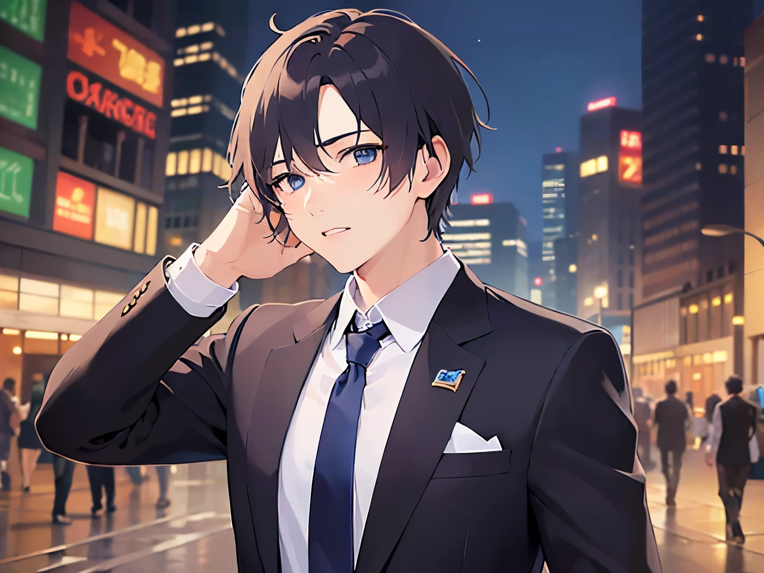 Detailed CG,Ultra-fine illustrations,masterpiece,Highest quality,Shiny skin,BREAK(26-year-old male:1.5)BREAK,(Black Short Hair)and(blue eyes),(suit:1.5)and(white collared shirt)and(Blue tie),(shy:1.5)and(blush:1.3)The background is a night city,alone,(hand on own head:1.5)and(Biologically correct５Fingesurprised)and(missing fingers)