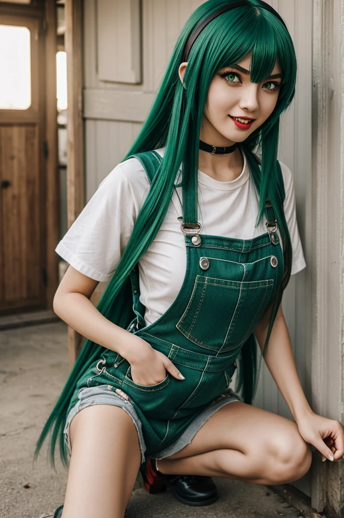 2D girl with long green hair,red eyes, long pointed fangs dressed in overalls 