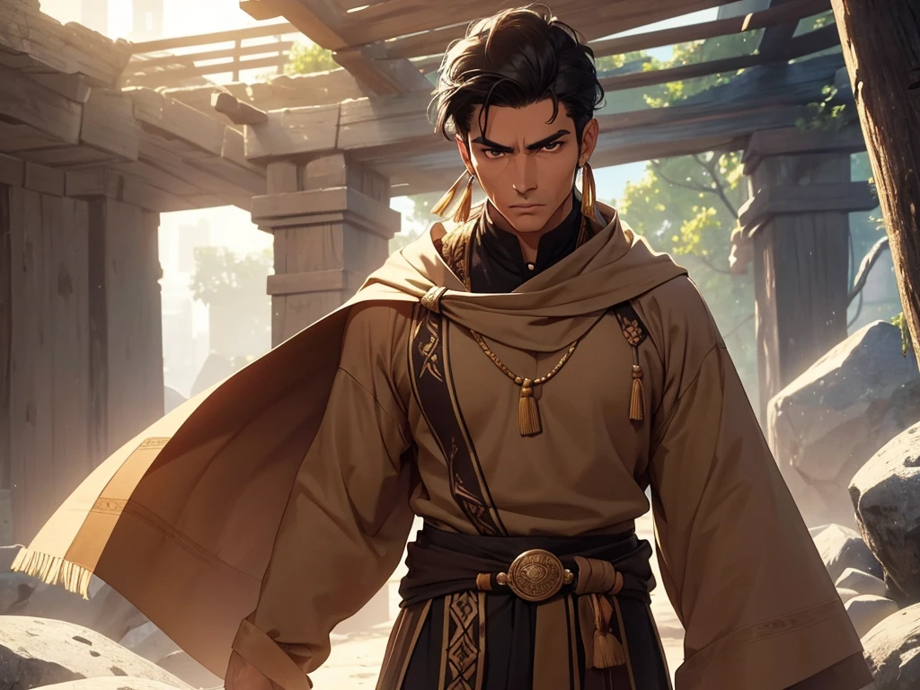 He is an adult indigenous man with Mexican features, and sun-kissed brown skin. His short black hair contrasts with his intense, expressive dark eyes. High, well-defined cheekbones complement his sharply contoured face. His pointed ears add a unique and distinctive detail to his appearance. He exudes a strong, serene presence, deeply connected to his cultural roots, Full body, master piece, perfect face, mexican poncho.