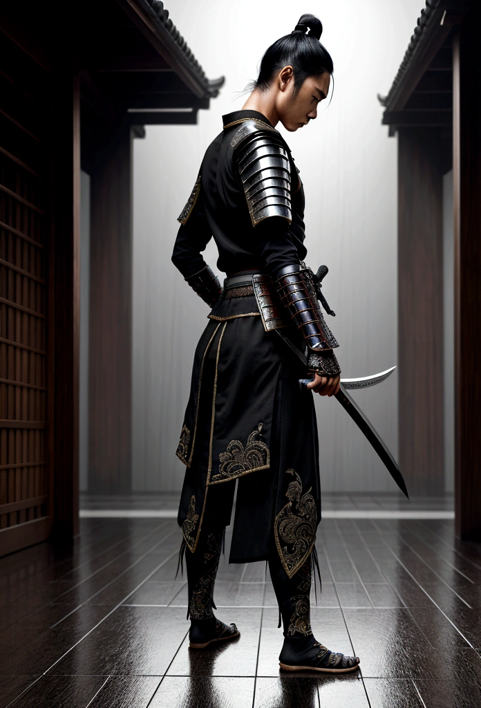 hyper realist, extremely detaild, intricate details, digital art of a Japanese warrior standing sideways, looking sad at the floor ,with light black clothes and holding only a sword in each hand pointed downwards on a sad rainy day. fancy