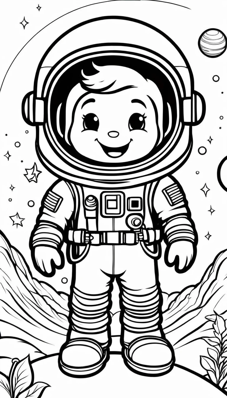A cute Astronaut, A big B letter on the corner,cartoon, ,Coloring Book, ColoringBookAF,