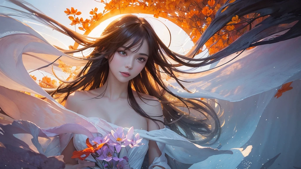 32k, Masterpiece, Highest quality, One girl, Detailed eyes, flower,Alstroemeria, White and orange style,A dreamy, romantic piece,Pale purple, Mysterious Leaves,A playful arrangement,Fantasy,High Contrast,Ink strokes,explosion,Exposure, Impression of white and orange tones,Abstract,((Watercolours by John Berkey and Jeremy Mann )) Brush strokes,Negative Space, Tyndall effect,