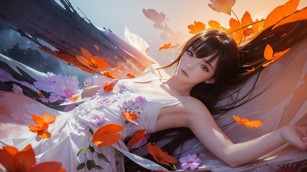 32k, Masterpiece, Highest quality, One girl, Detailed eyes, flower,Alstroemeria, White and orange style,A dreamy, romantic piece,Pale purple, Mysterious Leaves,A playful arrangement,Fantasy,High Contrast,Ink strokes,explosion,Exposure, Impression of white and orange tones,Abstract,((Watercolours by John Berkey and Jeremy Mann )) Brush strokes,Negative Space, Tyndall effect,