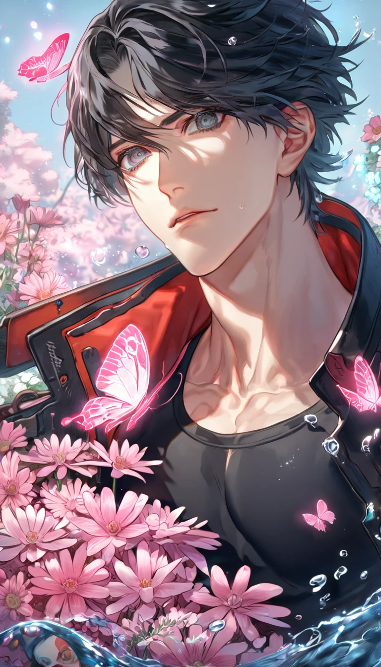 absurdres, highres, ultra detailed, HDR, master piece, best quality, extremely detailed face, delicated features, Hugo Pennywort, black hair, short hair, without bangs, hair that has bangs hanging on the left side, expressive gray eyes, God Eater 3, solo, sexy man, handsome, black coat, black tight shirt, water, blossoms, pink flowers, pink butterflies, fantasy, magic, radiant