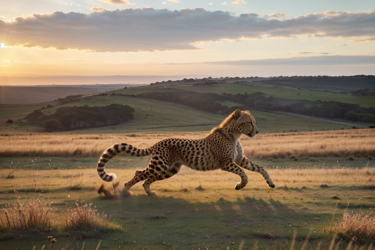 (best quality,4k,8k,highres,masterpiece:1.2),ultra-detailed,(realistic,photorealistic,photo-realistic:1.37),cheetah,muscular defined body,sharp intense eyes,running across grassland,sunset rays,high-speed motion blur,wildlife photography,rich details,HD quality,3D rendering,vivid colors,studio lighting