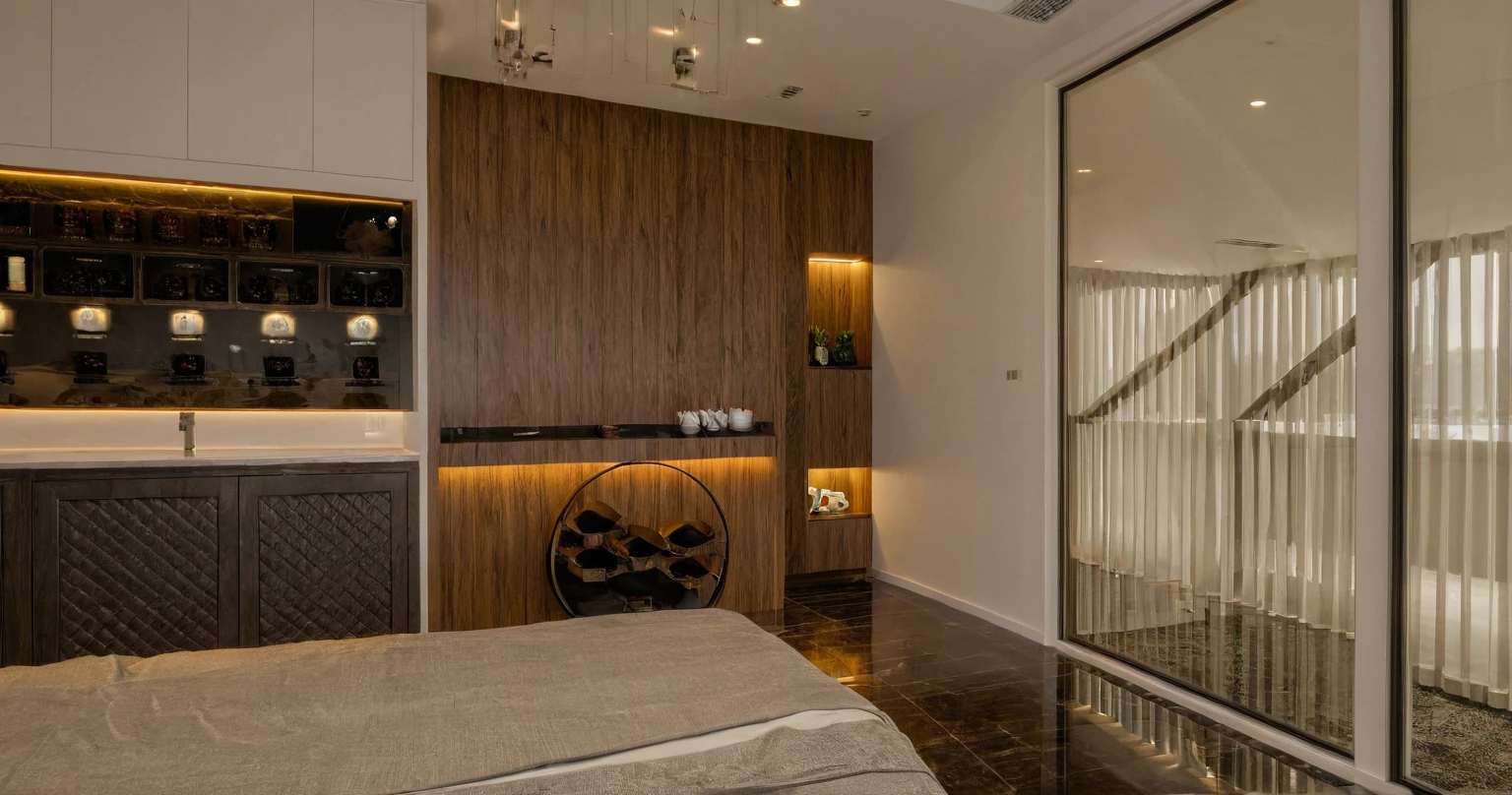 Raw photo,Masterpiece, high quality, best quality, authentic, super detail, interior, indoors, dinning room, kitchen room, style Indochine modern, minimalist line, aiaigroup , wooden, walnut veneer wood, led light, white paint wall, sofa, BED RooM