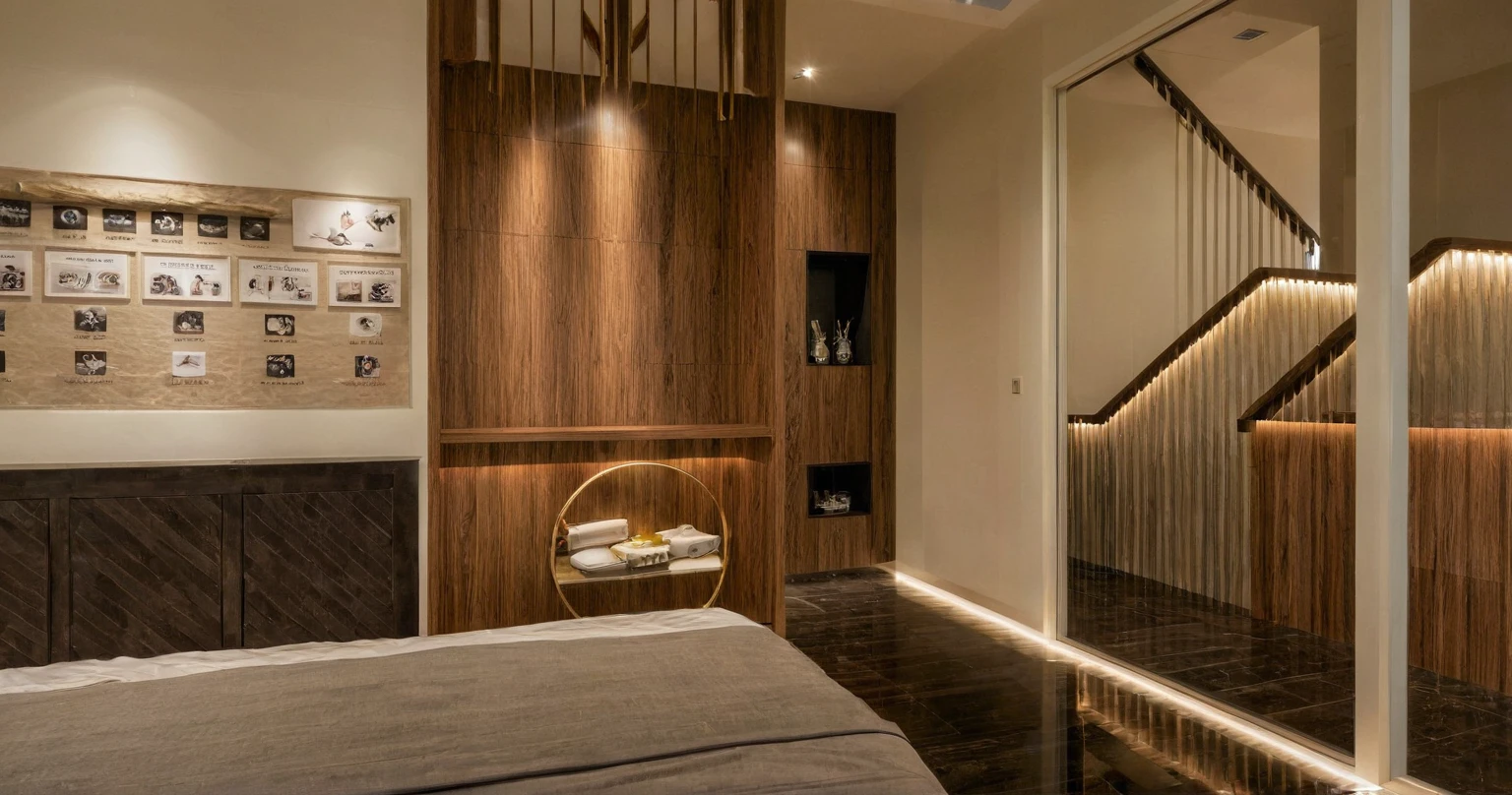 Raw photo,Masterpiece, high quality, best quality, authentic, super detail, interior, indoors, dinning room, kitchen room, style Indochine modern, minimalist line, aiaigroup , wooden, walnut veneer wood, led light, white paint wall, sofa, BED RooM
