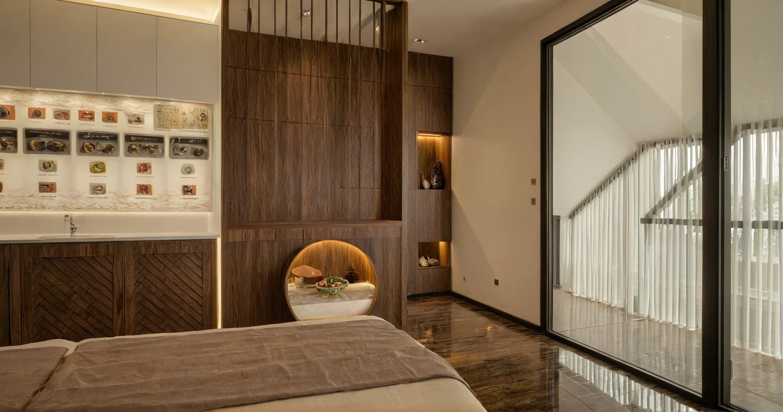 Raw photo,Masterpiece, high quality, best quality, authentic, super detail, interior, indoors, dinning room, kitchen room, style Indochine modern, minimalist line, aiaigroup , wooden, walnut veneer wood, led light, white paint wall, sofa, BED RooM