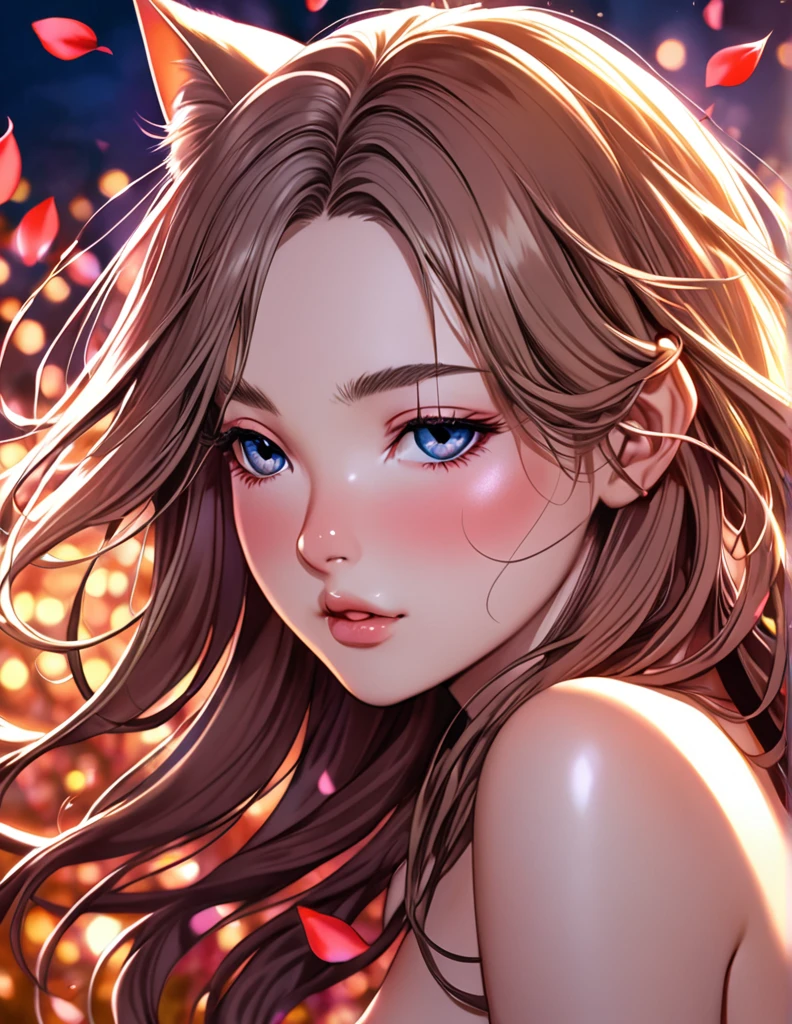 (Harem Manga style:1.2) , Hallucination, daydream , nightmare , Insane Dream , bokeh , erotica , romance , girl and realistic cat , Petals fluttering down , (Single eyelids, round nose, swollen cheeks) , glossy lips , Collarbone , Hair blowing in the wind , Goddess of lust , hide private parts by cats , (close up cat:1.1)