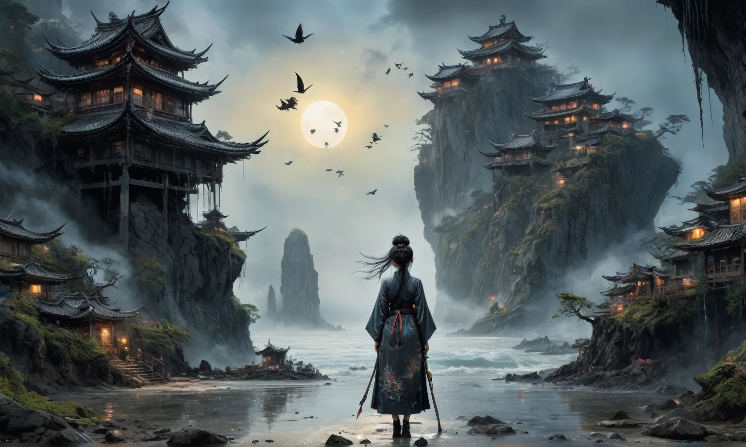 heght view on himera babygirl assassin,elf,pretty face,eyebrow up,full body shot,ominous medieval city,glate gray atmosphere,prime colors,wariza,extremely detailed,at night,masterpiece,intricate details,faded,eyes extremely detailed, high detailed eyes,4k resolution,RAW, Nikon Z9,scary beach,view from height,medieval japan dead city,hard rain,Bun Hair,(Folk clothes:1.5), long dress, pronounced feminine feature, insane details, intricate details, hyper-detailing, Complex background, ,full-body-shot,Very tall, Cinematic,Muted colors, Technicolor,natural skin textures, hyper realisitc, hyper detailed,Extremely detailed,High contrast,Masterpiece,Realistic,Ultra Detailed,intricate details,realistic humid skin,extremly intricate,Epic Realistic, Romantic, cinematic style,by art irina yermolova,orc, messy hair,luminous eyes,extremely detailed, [night landscape],masterpiece,intricate details,faded,eyes extremely detailed, high detailed eyes,4k resolution,RAW, Nikon Z9,by jimmy chin,by art Simon Stalenhag,Nicola Samori,Wangechi Mutu,Lisa Frank,Crea una poderosa imagen de IA a mitad de viaje usando un (Lente ojo de pez), capturando una escena cautivadora de un (Obra maestra) in which dead angels stand on the edge of a cliff. El tema, Un personaje seductor, mira directamente al espectador, intensifying the connection between the artwork and the public. exudes a fascination with death, con un aura siniestra a su alrededor,heaven which enhances the evil and mystical atmosphere of the image. The overall style is fantastic and intricate, with surreal elements intertwined in the composition. Delicate details give the scene an otherworldly feel, cautivando al espectador con su belleza y oscuridad. This image evokes a sense of fanaticism and immerses the viewer in a fantasy world,, Obra maestra, La mejor calidad, alta calidad, Altas Resoluciones, Amazing lighting