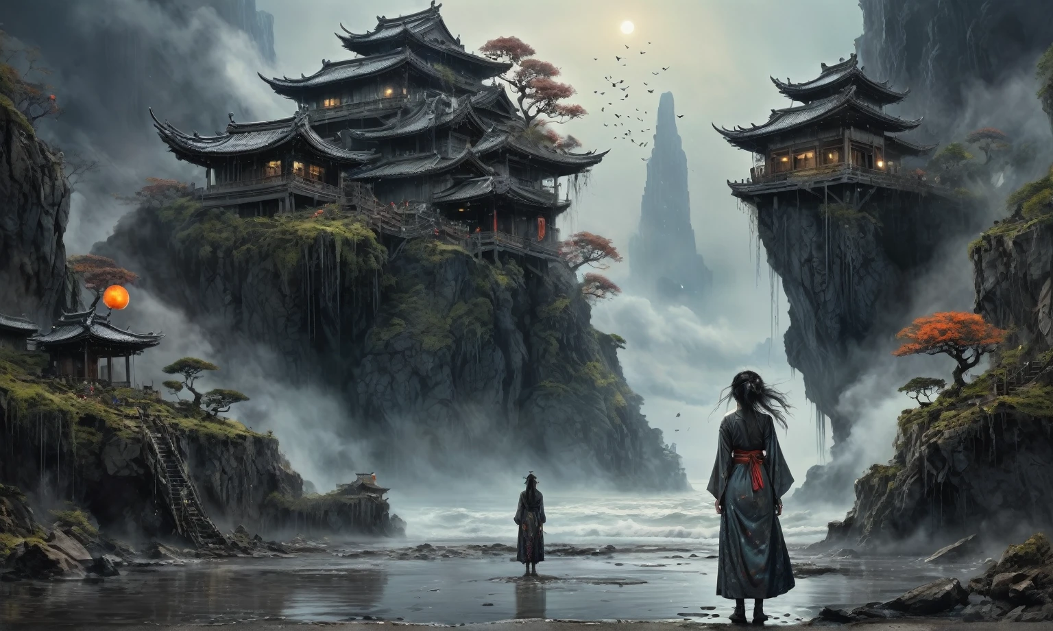 heght view on himera girl assassin,elf,pretty face,eyebrow up,full body shot,ominous medieval city,glate gray atmosphere,prime colors,wariza,extremely detailed,at night,masterpiece,intricate details,faded,eyes extremely detailed, high detailed eyes,4k resolution,RAW, Nikon Z9,scary beach,view from height,medieval japan dead city,hard rain,Bun Hair,(Folk clothes:1.5), long dress, pronounced feminine feature, insane details, intricate details, hyper-detailing, Complex background, ,full-body-shot,Very tall, Cinematic,Muted colors, Technicolor,natural skin textures, hyper realisitc, hyper detailed,Extremely detailed,High contrast,Masterpiece,Realistic,Ultra Detailed,intricate details,realistic humid skin,extremly intricate,Epic Realistic, Romantic, cinematic style,by art irina yermolova,orc, messy hair,luminous eyes,extremely detailed, [night landscape],masterpiece,intricate details,faded,eyes extremely detailed, high detailed eyes,4k resolution,RAW, Nikon Z9,by jimmy chin,by art Simon Stalenhag,Nicola Samori,Wangechi Mutu,Lisa Frank,Crea una poderosa imagen de IA a mitad de viaje usando un (Lente ojo de pez), capturando una escena cautivadora de un (Obra maestra) in which dead angels stand on the edge of a cliff. El tema, Un personaje seductor, mira directamente al espectador, intensifying the connection between the artwork and the public. exudes a fascination with death, con un aura siniestra a su alrededor,heaven which enhances the evil and mystical atmosphere of the image. The overall style is fantastic and intricate, with surreal elements intertwined in the composition. Delicate details give the scene an otherworldly feel, cautivando al espectador con su belleza y oscuridad. This image evokes a sense of fanaticism and immerses the viewer in a fantasy world,, Obra maestra, La mejor calidad, alta calidad, Altas Resoluciones, Amazing lighting