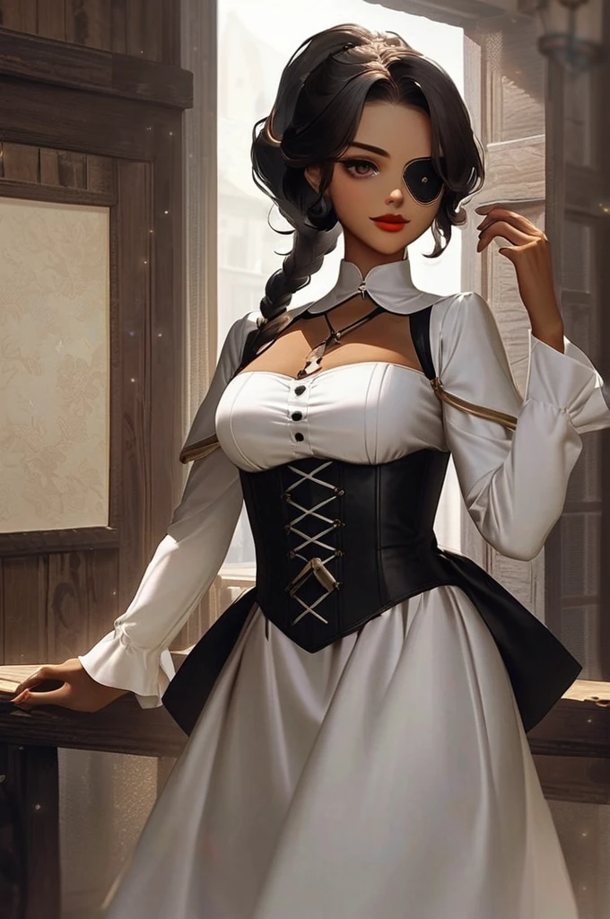 ((Лучшее качество)), ((шедевр)), (подробный), girl  dance  happy  red_lips  adult  black_hair  side_braid_ponytail_hairstyle  eye_patch  brown_skin_corset  dress  skin_jackboots  port tavern