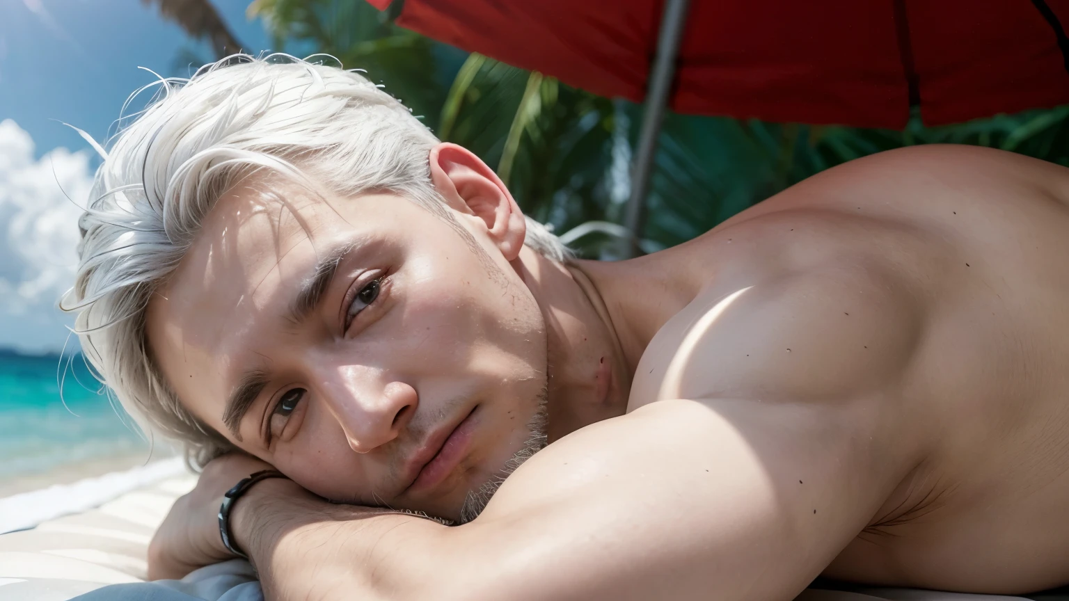 middle-aged man with white hair, sunbathing in the morning to absorb vitamin d