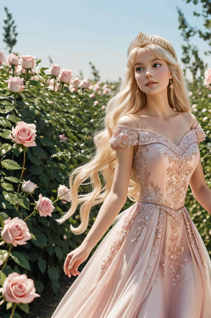 Princess aurora in a filed of roses happy walking close up