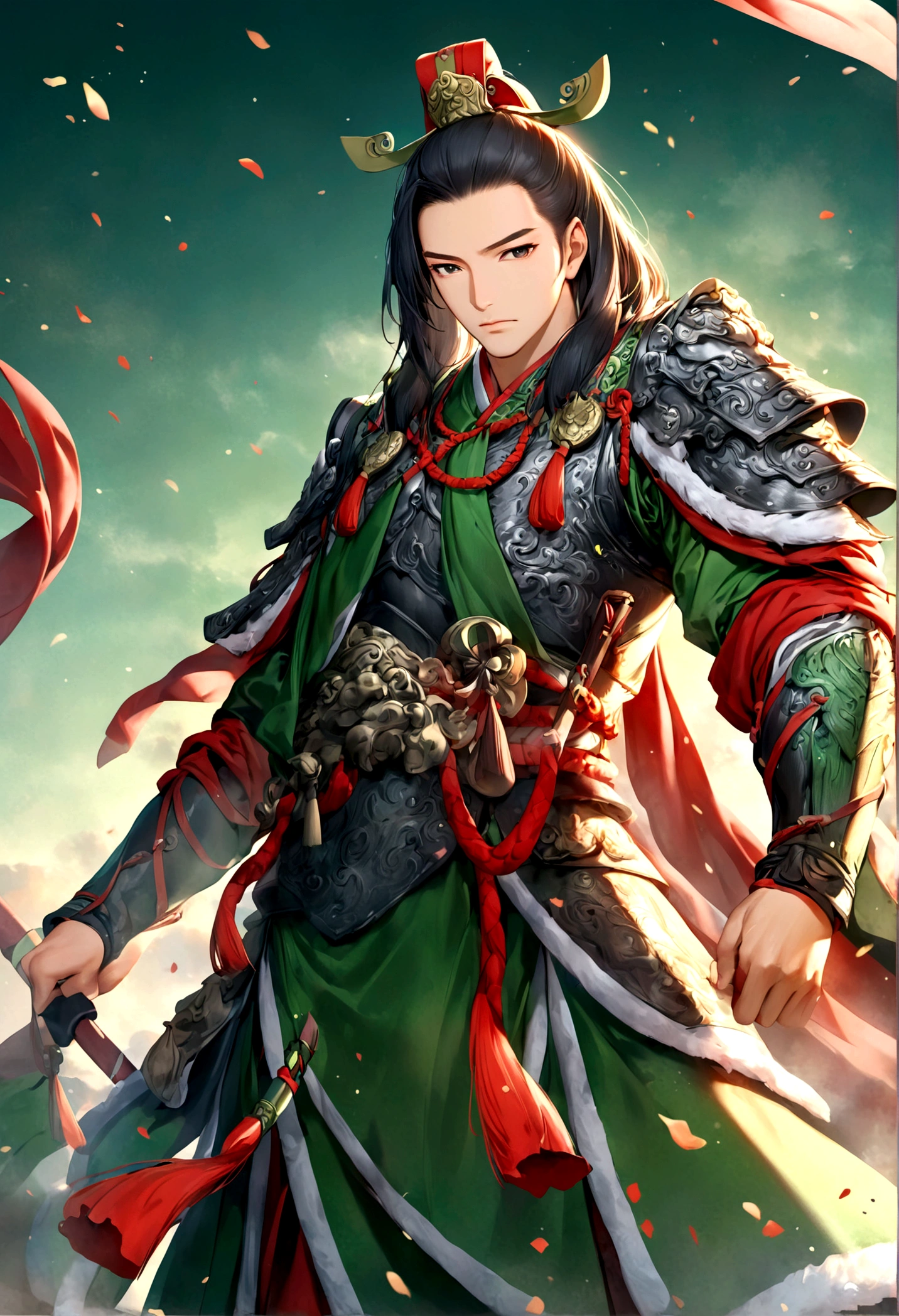 Guan Yu is single,momentum,Astonishing,Strong body,Gorgeous,Perfect composition,Very artistic illustration,masterpiece。