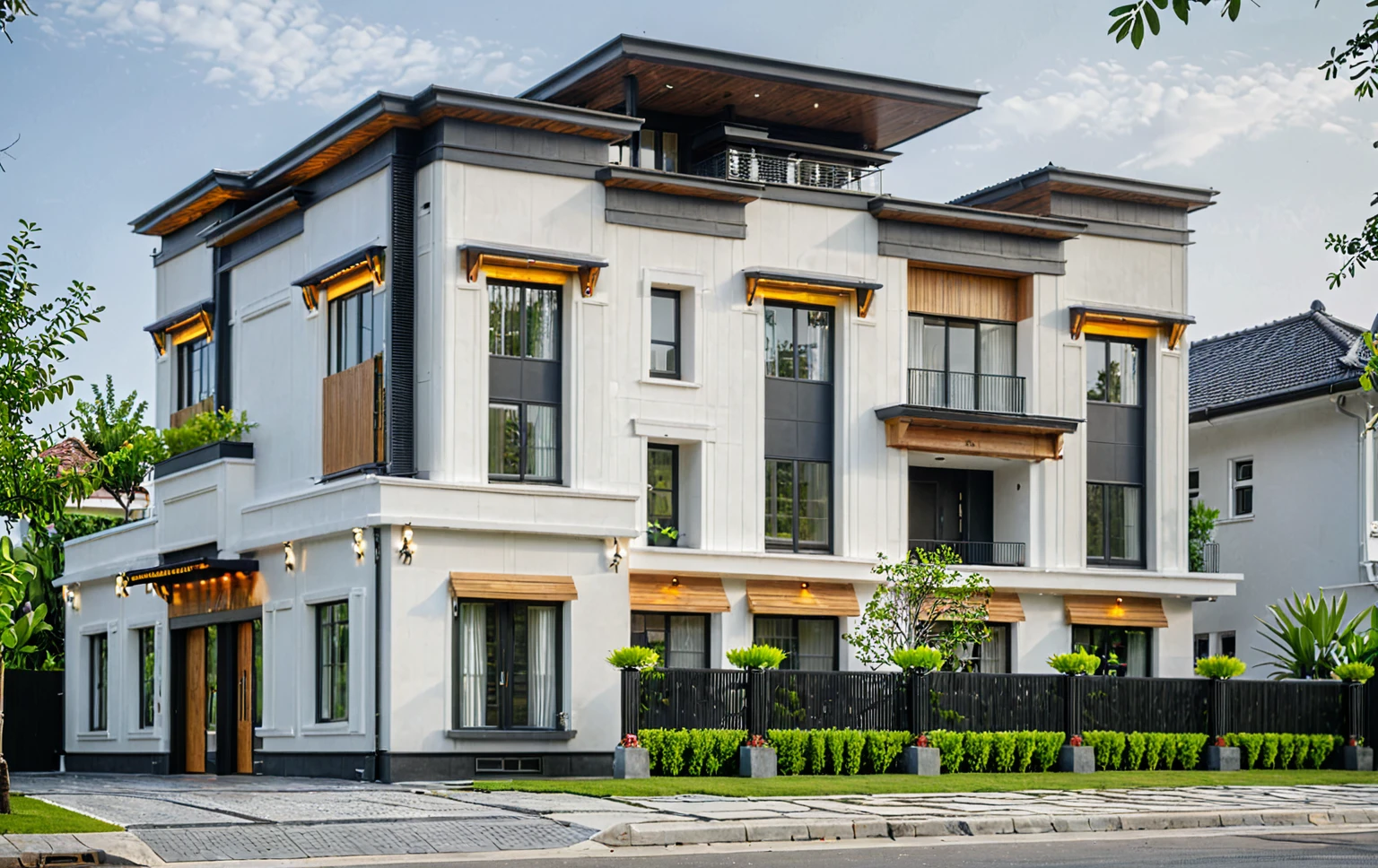 modern villa on street, (daylight), plant and tree, vivid colour, streetcapes, (black detail:1.1), high constraint, masterpiece, best quality, raw photo, white wall, large glass door, warm interior lighting, wood, best quality,